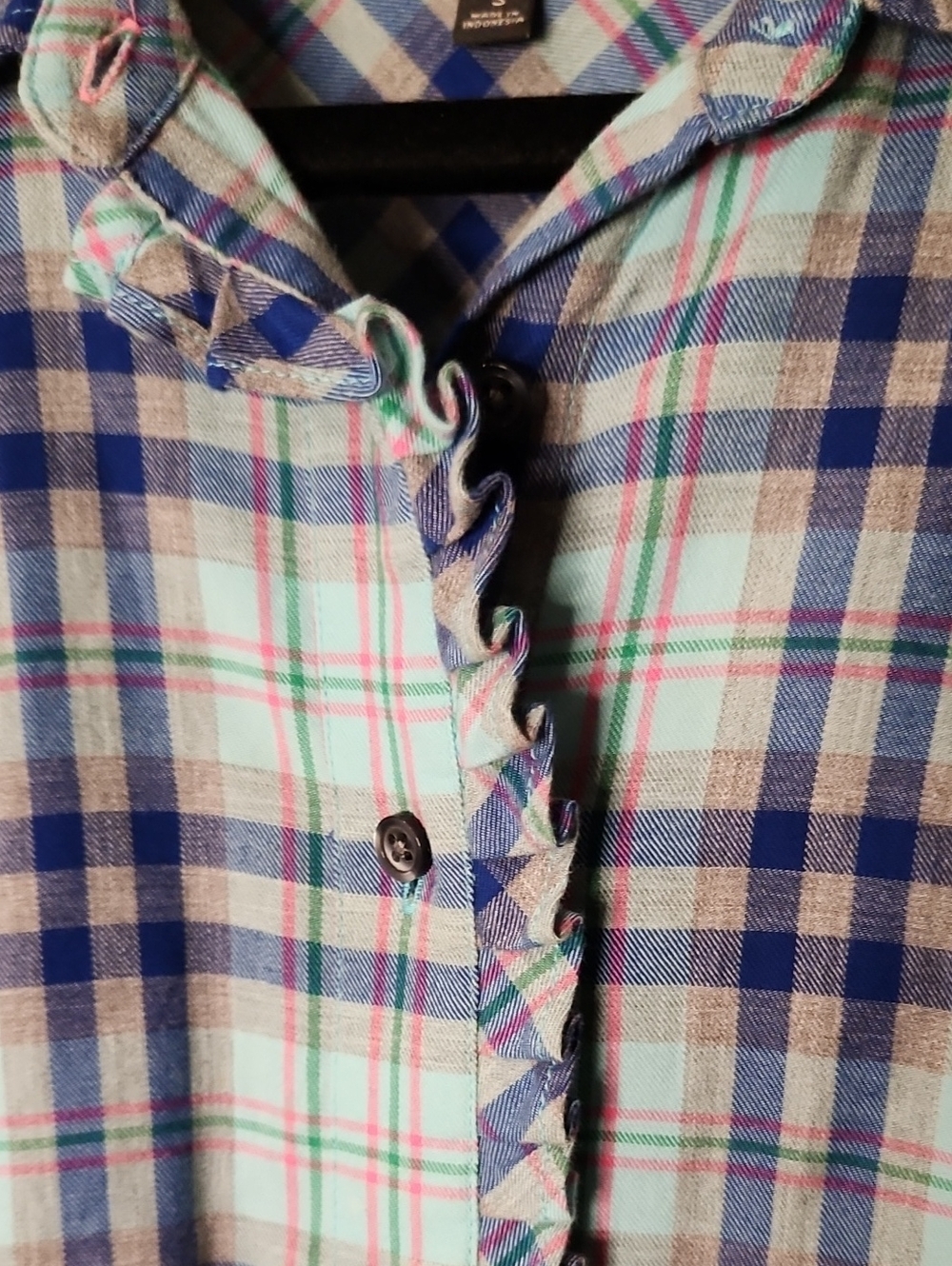 Talbots Mint, Navy & Tan Plaid Button-Down Shirt with Ruffle Placket